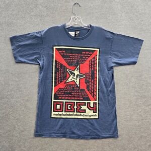 OBEY Men Shirt Medium Blue Logo Andre Star Y2K Streetwear Short Sleeve Tee